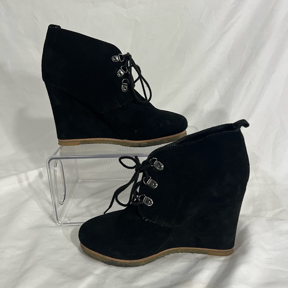 Steve Madden Tanngoo Wedge Ankle Booties 8 Black Suede Leather‎ Tanngoo Lace Up